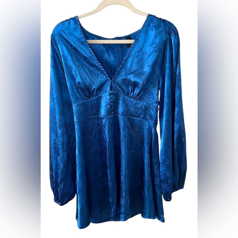 💙Cider Bell Sleeve Satin Royal Blue Dress - Picture 2 of 9
